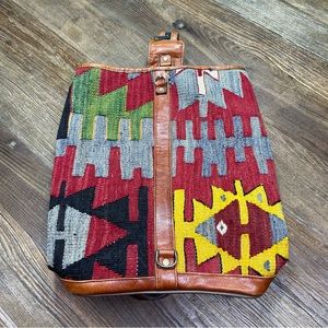 BoHo Tan Leather Red Green Black Kilim Canvas Backpack